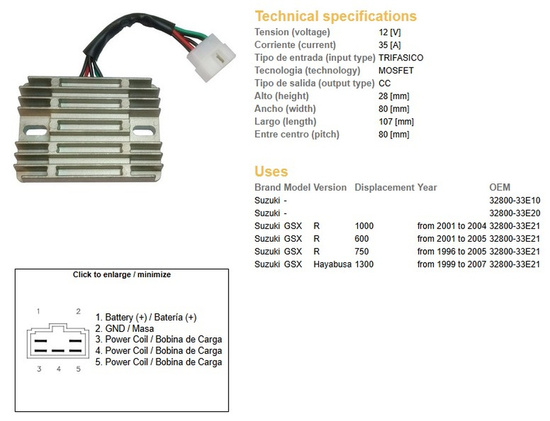 DZE REGULATOR NAPIĘCIA SUZUKI GSX 600R '01-'05; GSX 750R '96-'05; GSX 1000R '01-'04; GSX 1300 HAYABUSA '99-'07 (OEM 32800-33E21) (35A)