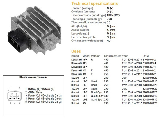 DZE REGULATOR NAPIĘCIA KAWASAKI KX 250F '11-'12; KX 450F '09-'11; KFX 400 '03-'06; KFX 450R '08-'13; SUZUKI LT-F 250 OZARK '02-'12; LTZ 400 '03-'08 QUAD SPORT (32800-05F10) (ESR133)
