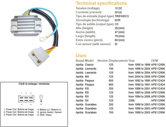 DZE REGULATOR NAPIĘCIA APRILIA PEGASO 600/650 '90-'95; RS 125/250 '95-'09; RX 125 '94-'08; LEONARDO; SCARABEO (ESR087)