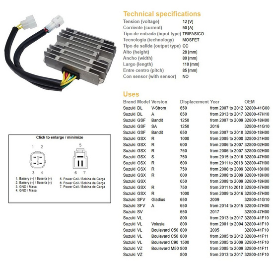 DZE REGULATOR NAPIĘCIA SUZUKI GSF 650/1250 BANDIT '07-'10; GSX 600/750/1000R/S '05-'18; DL 650 V-STROM '07-17; SV 650 '14-'17; VL 800 VOLUSIA '01-'04; VL 800 BOULEVARD '05-'12; VZ 800 BOULEVARD '05-'17 (ESR552)