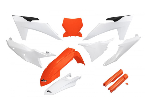 UFO KOMPLET PLASTIKÓW (FULL KIT) Z OSŁONAMI TELESKOPÓW (AMORTYZATORÓW) KTM SX 125 / 250 / 300 TBI '23-'24, SX-F 250 / 350 / 450 '23-'24 KOLOR OEM POMARAŃCZOWY BIAŁY